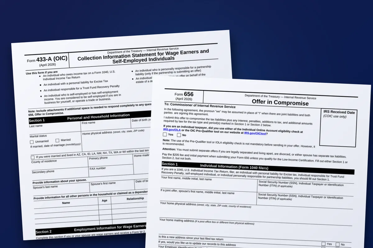 IRS Form 656, Offer in Compromise, on top of Form 433-A (OIC), Collection Information Statement for Wage Earners and Self-Employed Individuals