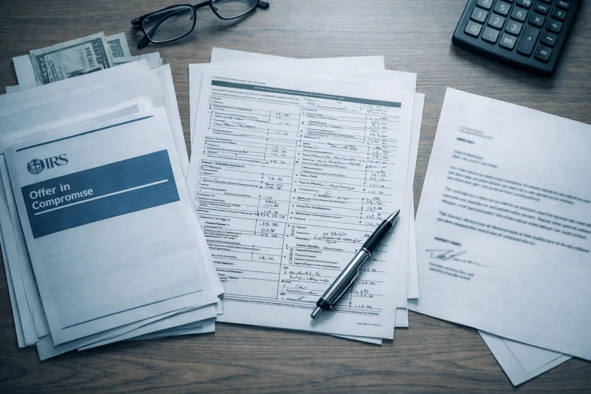 An IRS Offer in Compromise booklet beside a financial disclosure worksheet filled in by hand, a pen resting on it, and a signed letter on a dark wooden desk