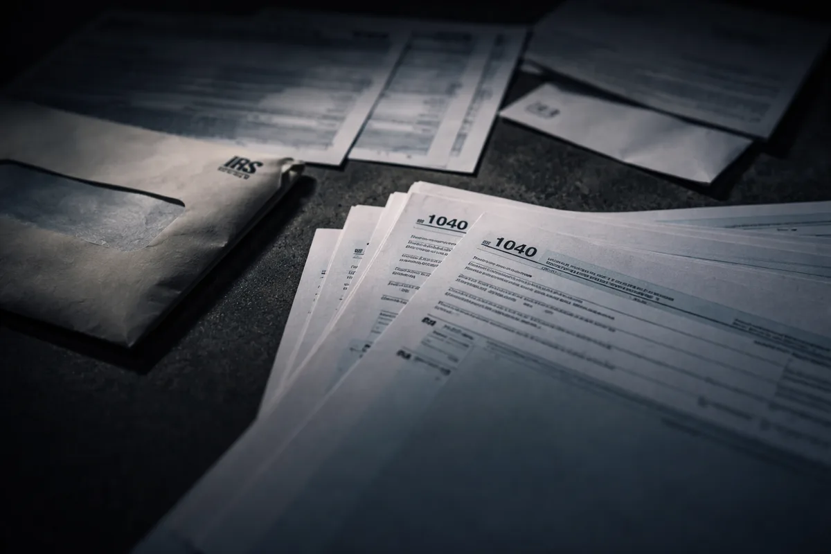 A small stack of prior-year blank Form 1040 pages fanned at an angle on a plain surface, with an unopened IRS envelope and a folded CP59 notice partly cropped a